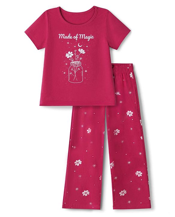 Pine Kids 100% Cotton Single Jersey 180 GSM Knit Half Sleeves T-Shirt & Pyjama Night Suit with Made of Magic Text & Floral Print with Bio Wash - Magenta
