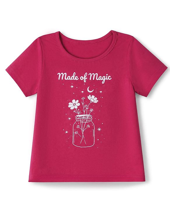 Pine Kids 100% Cotton Single Jersey 180 GSM Knit Half Sleeves T-Shirt & Pyjama Night Suit with Made of Magic Text & Floral Print with Bio Wash - Magenta