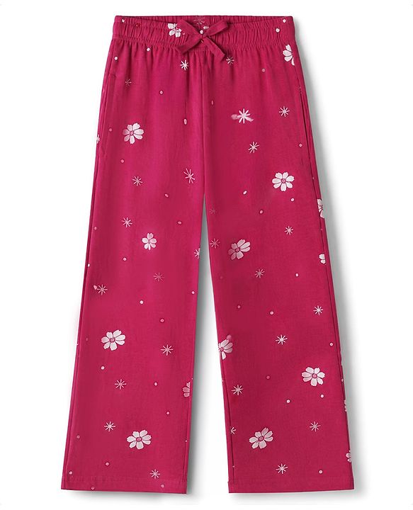 Pine Kids 100% Cotton Single Jersey 180 GSM Knit Half Sleeves T-Shirt & Pyjama Night Suit with Made of Magic Text & Floral Print with Bio Wash - Magenta