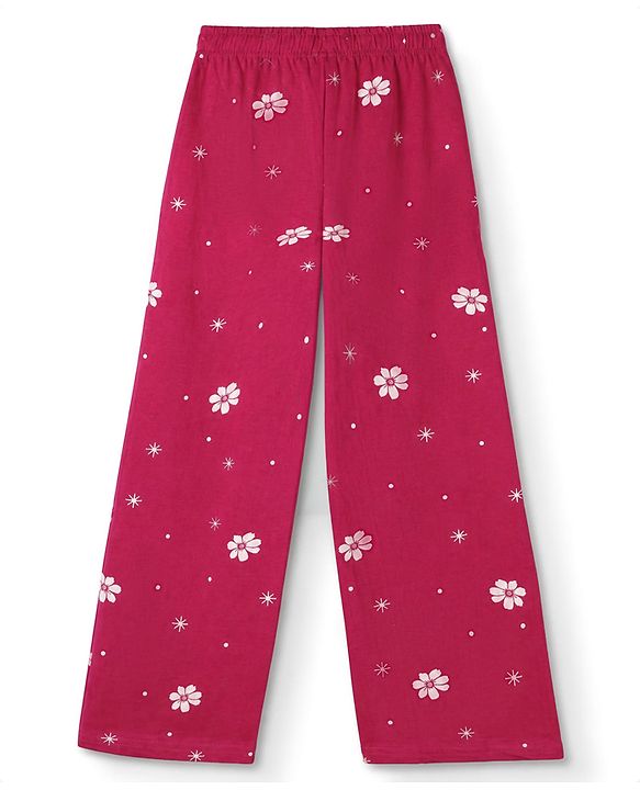 Pine Kids 100% Cotton Single Jersey 180 GSM Knit Half Sleeves T-Shirt & Pyjama Night Suit with Made of Magic Text & Floral Print with Bio Wash - Magenta