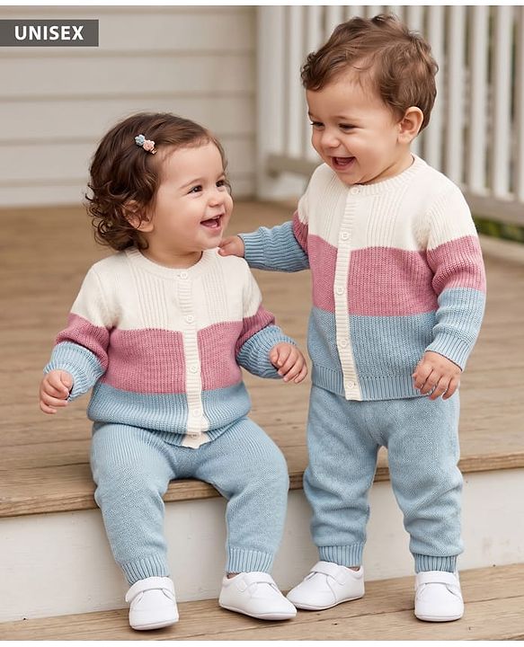 Babyhug Knit Full Sleeves Sweater Set with Color Block Design -Pink