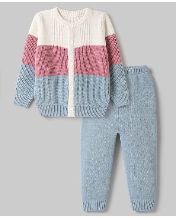 Babyhug Knit Full Sleeves Sweater Set with Color Block Design -Pink