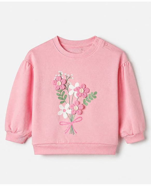 Babyhug 100% Cotton Heavy Gauge Fleece Knit Warm Sweatshirt with Full Sleeves & Floral Applique - Pink
