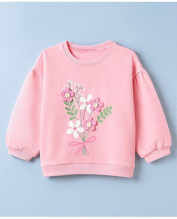 Babyhug 100% Cotton Heavy Gauge Fleece Knit Warm Sweatshirt with Full Sleeves & Floral Applique - Pink