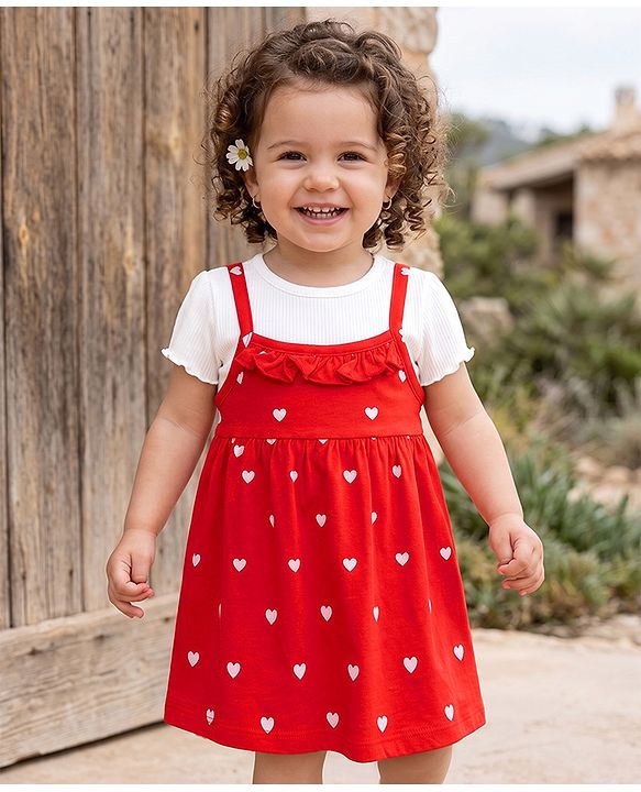 Babyhug Cotton Knit Frock with Inner Tee with Half Sleeves and Heart Print in Red