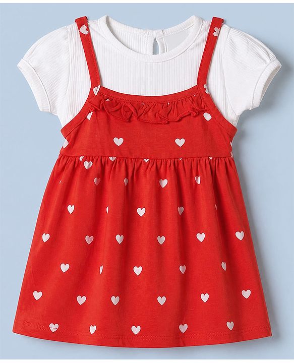 Babyhug Cotton Knit Frock with Inner Tee with Half Sleeves and Heart Print in Red