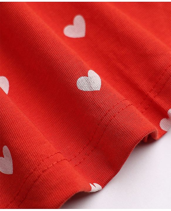 Babyhug Cotton Knit Frock with Inner Tee with Half Sleeves and Heart Print in Red