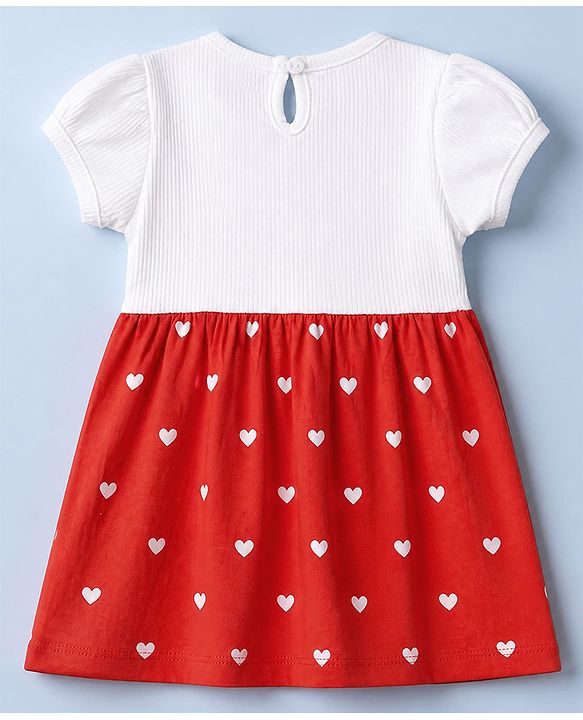 Babyhug Cotton Knit Frock with Inner Tee with Half Sleeves and Heart Print in Red