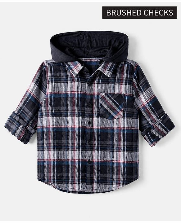 Pine Kids 100% Cotton Woven Hooded Shirt with Full Sleeves in Grey