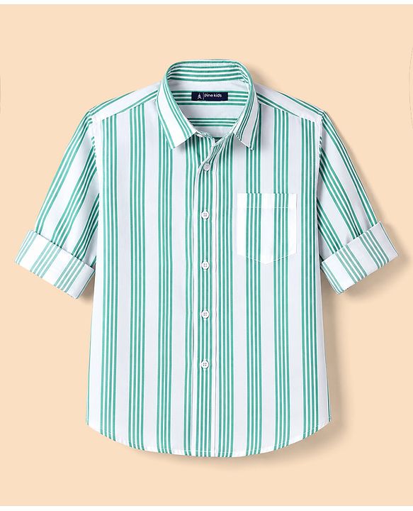 Pine Kids Woven Striped Shirt with Full Sleeves - Light Green