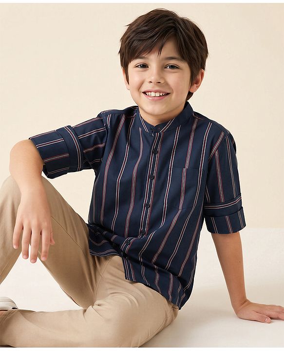 Pine Kids Cotton Woven Striped Shirt with Full Sleeves - Blue
