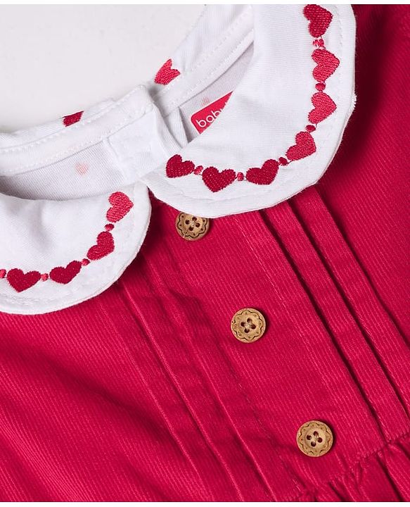 Babyhug Cotton Knit Full Sleeves Frock with Inner Tee and Heart Embroidery in Red for 6-9 Months