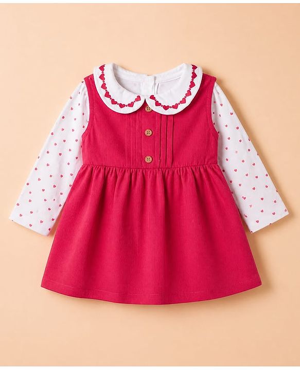 Babyhug Cotton Knit Full Sleeves Frock with Inner Tee and Heart Embroidery in Red for 6-9 Months