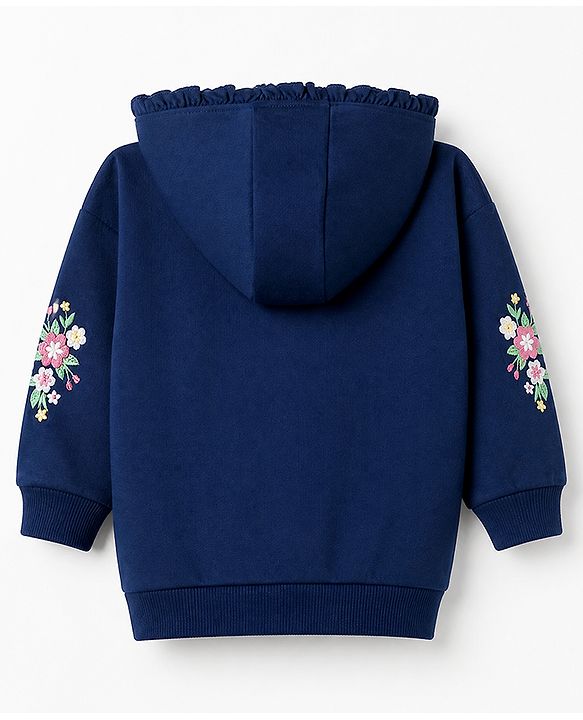 Babyhug 100% Cotton Knit Front Open Sweat Jacket with Full Sleeves and Flowers and Text Embroidery - Navy Blue