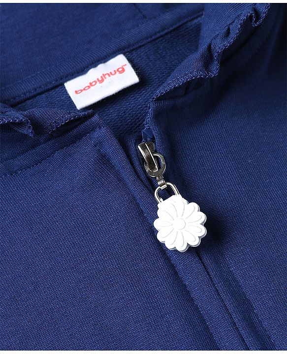 Babyhug 100% Cotton Knit Front Open Sweat Jacket with Full Sleeves and Flowers and Text Embroidery - Navy Blue