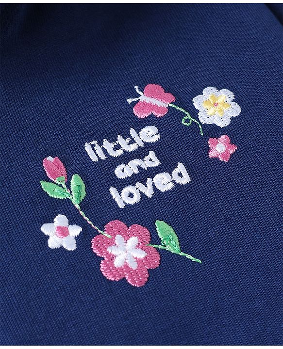 Babyhug 100% Cotton Knit Front Open Sweat Jacket with Full Sleeves and Flowers and Text Embroidery - Navy Blue