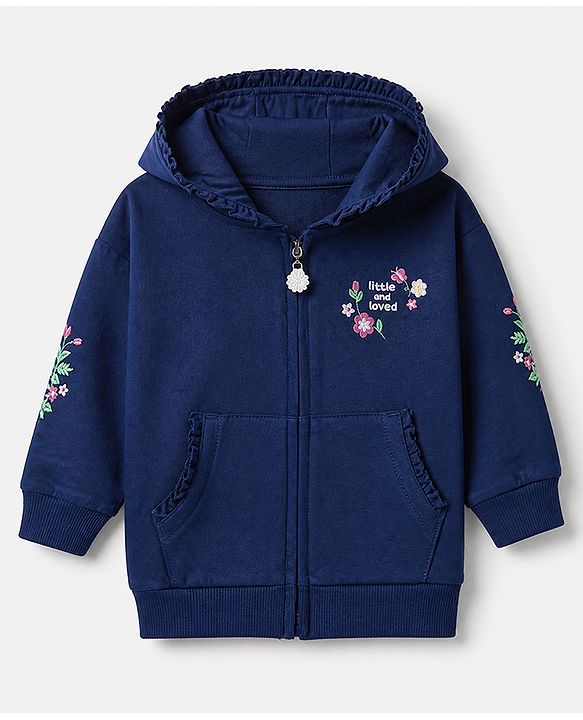 Babyhug 100% Cotton Knit Front Open Sweat Jacket with Full Sleeves and Flowers and Text Embroidery - Navy Blue