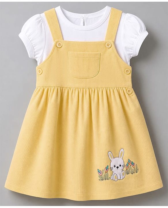 Babyhug 100% Cotton Single Jersey Knit Frock with Short Sleeves Inner Tee With Rabbit Embroidery - Yellow