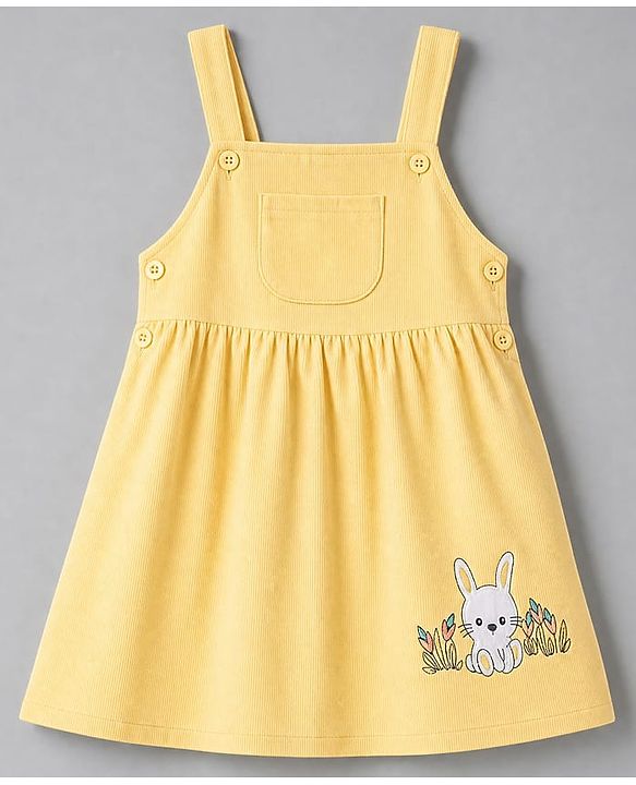 Babyhug 100% Cotton Single Jersey Knit Frock with Short Sleeves Inner Tee With Rabbit Embroidery - Yellow
