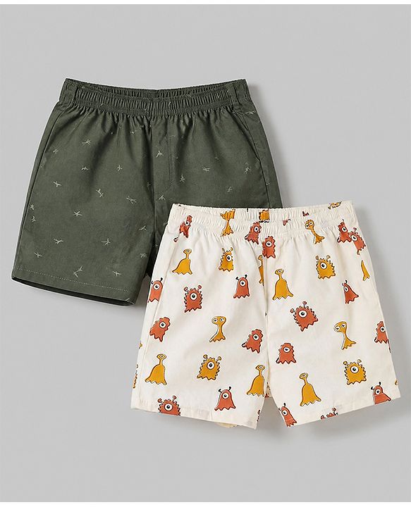 Pine Kids Cambric Woven Boxers With Animal Print Pack of 2 - White Green