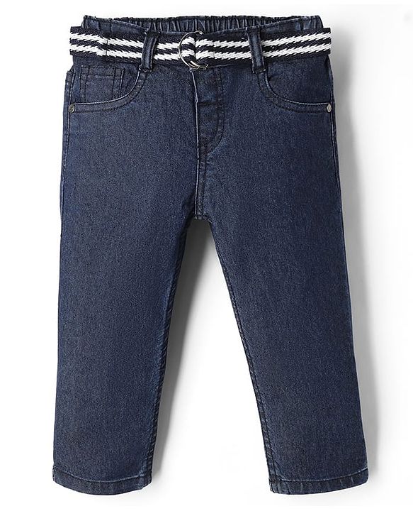 Babyhug Cotton Poly Denim Washed Jeans With Stretch Belt - Dark Blue