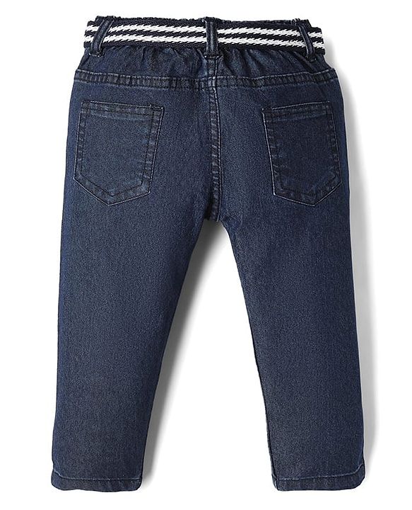 Babyhug Cotton Poly Denim Washed Jeans With Stretch Belt - Dark Blue