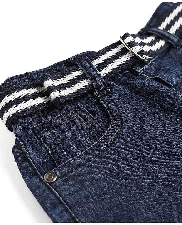 Babyhug Cotton Poly Denim Washed Jeans With Stretch Belt - Dark Blue