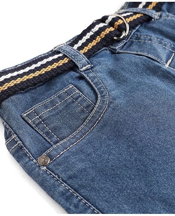Babyhug Cotton Poly Denim Washed Jeans With Stretch Belt - Dark Blue