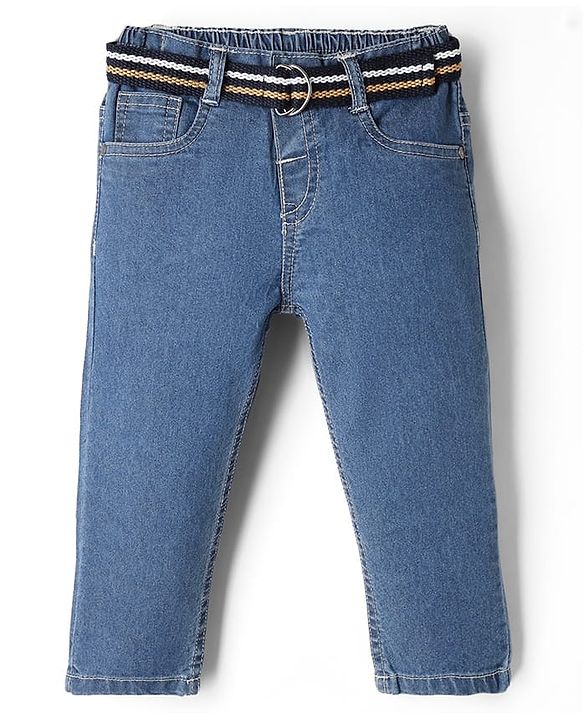 Babyhug Cotton Poly Denim Washed Jeans With Stretch Belt - Dark Blue