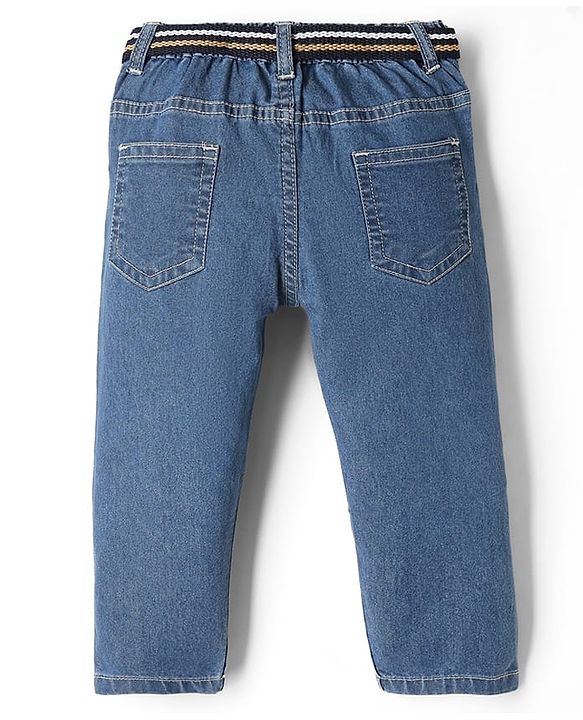 Babyhug Cotton Poly Denim Washed Jeans With Stretch Belt - Dark Blue