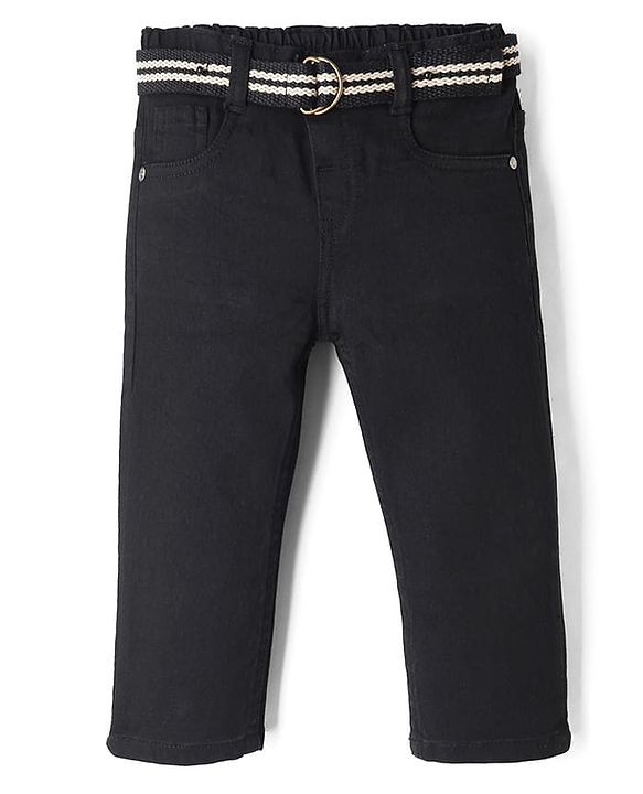 Babyhug Cotton Poly Denim Washed Jeans With Stretch Belt - Dark Blue