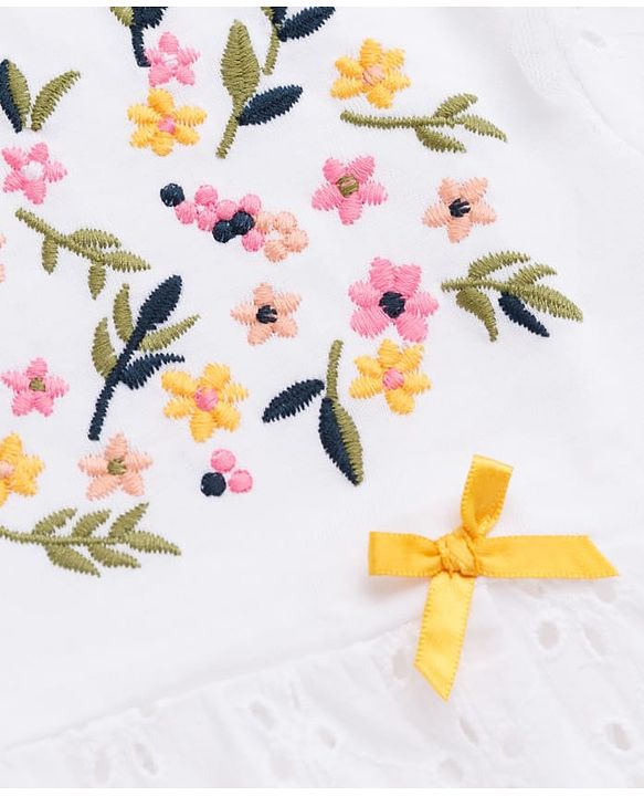 Babyhug 100% Cotton Single Jersey Knit Full Sleeves Top & Leggings with Floral Embroidery - White & Yellow