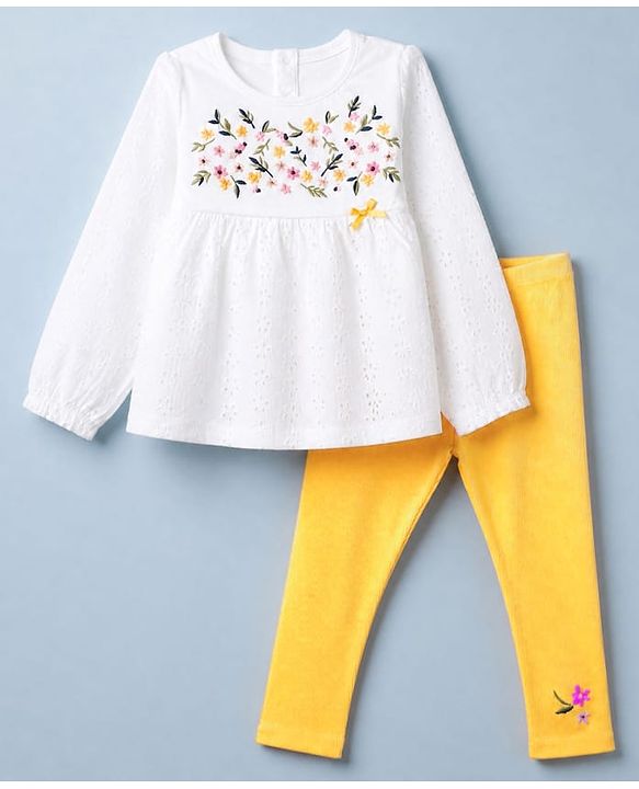 Babyhug 100% Cotton Single Jersey Knit Full Sleeves Top & Leggings with Floral Embroidery - White & Yellow