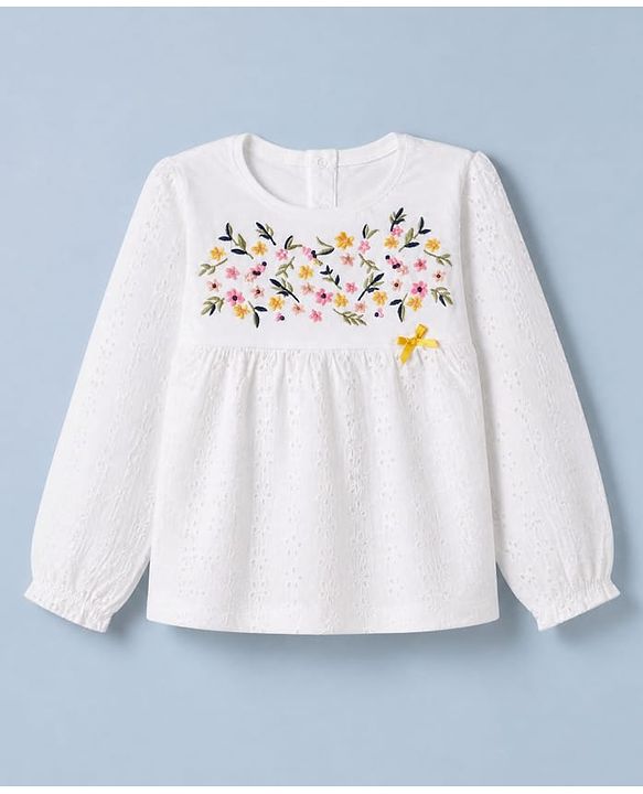 Babyhug 100% Cotton Single Jersey Knit Full Sleeves Top & Leggings with Floral Embroidery - White & Yellow