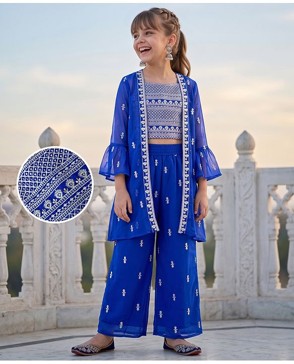 Pine Kids Georgette Woven Full Sleeves Indo Western Set With Floral Embroidery & Sequin Detailing - Royal Blue