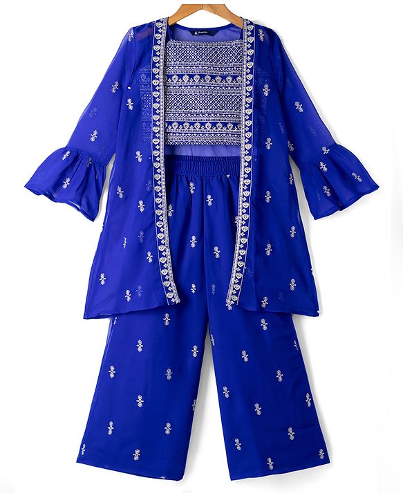 Pine Kids Georgette Woven Full Sleeves Indo Western Set With Floral Embroidery & Sequin Detailing - Royal Blue