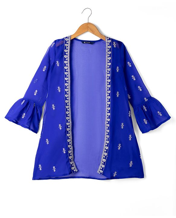Pine Kids Georgette Woven Full Sleeves Indo Western Set With Floral Embroidery & Sequin Detailing - Royal Blue