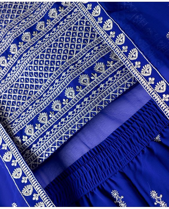 Pine Kids Georgette Woven Full Sleeves Indo Western Set With Floral Embroidery & Sequin Detailing - Royal Blue