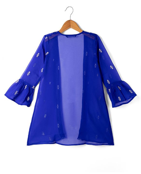 Pine Kids Georgette Woven Full Sleeves Indo Western Set With Floral Embroidery & Sequin Detailing - Royal Blue