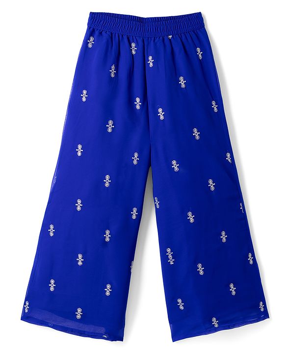 Pine Kids Georgette Woven Full Sleeves Indo Western Set With Floral Embroidery & Sequin Detailing - Royal Blue