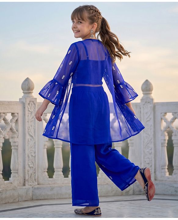 Pine Kids Georgette Woven Full Sleeves Indo Western Set With Floral Embroidery & Sequin Detailing - Royal Blue