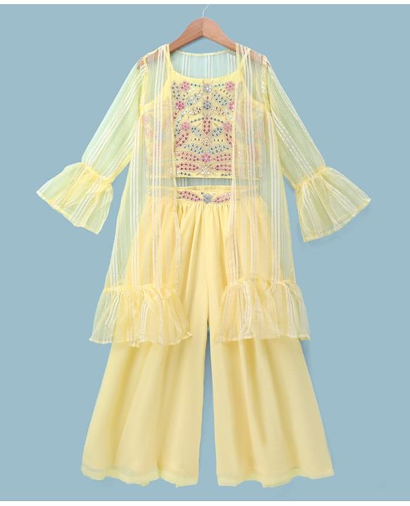 Pine Kids Woven Indo Western Set with Full Sleeves and Floral Pattern Embroidery in Yellow for 4-5 Years