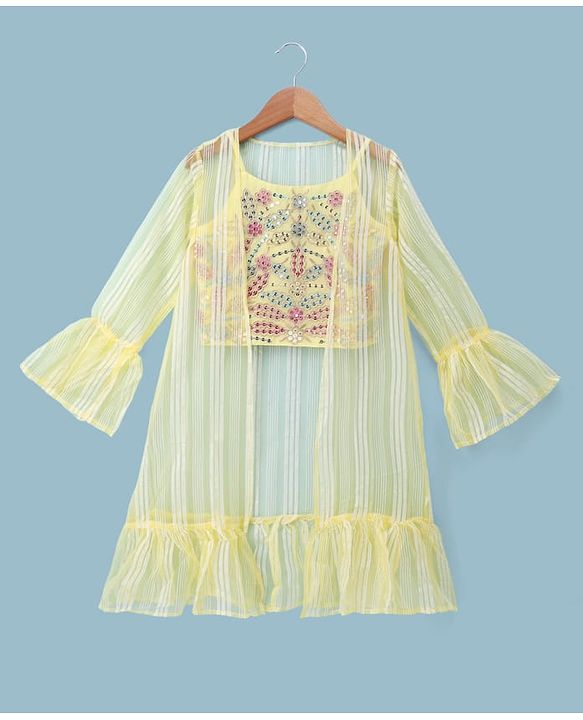 Pine Kids Woven Indo Western Set with Full Sleeves and Floral Pattern Embroidery in Yellow for 4-5 Years