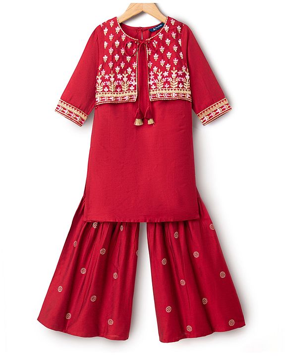 Pine Kids Woven Three Fourth Sleeves Kurti and Sharara with and Floral Embroidery - Maroon