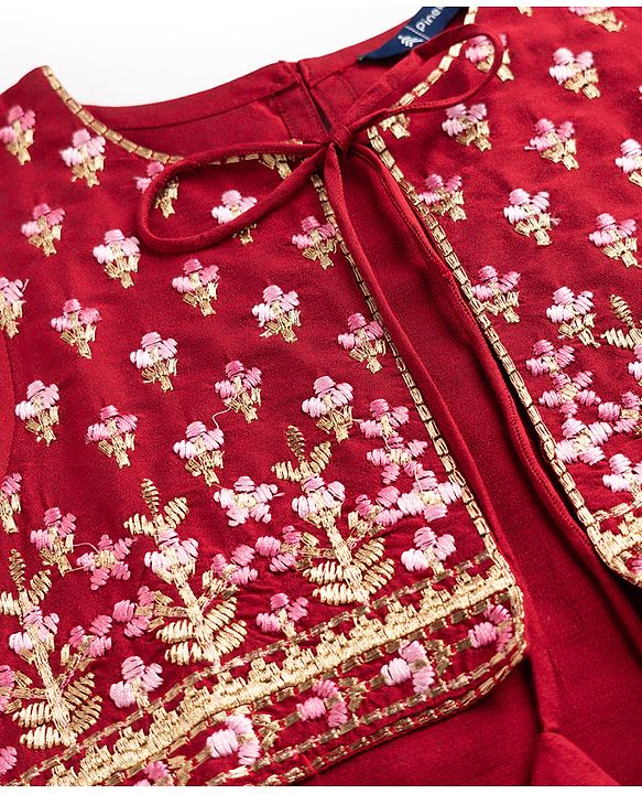 Pine Kids Woven Three Fourth Sleeves Kurti and Sharara with and Floral Embroidery - Maroon
