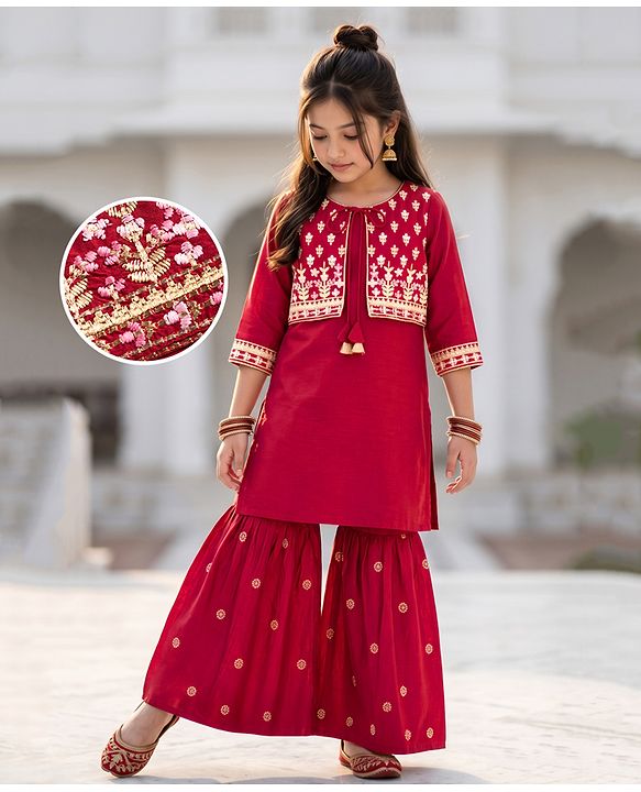 Pine Kids Woven Three Fourth Sleeves Kurti and Sharara with and Floral Embroidery - Maroon