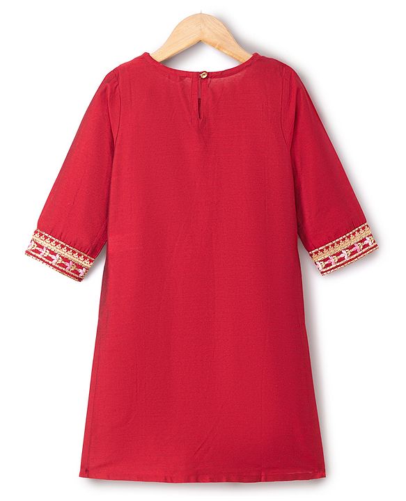 Pine Kids Woven Three Fourth Sleeves Kurti and Sharara with and Floral Embroidery - Maroon