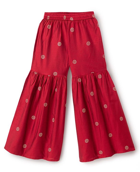 Pine Kids Woven Three Fourth Sleeves Kurti and Sharara with and Floral Embroidery - Maroon