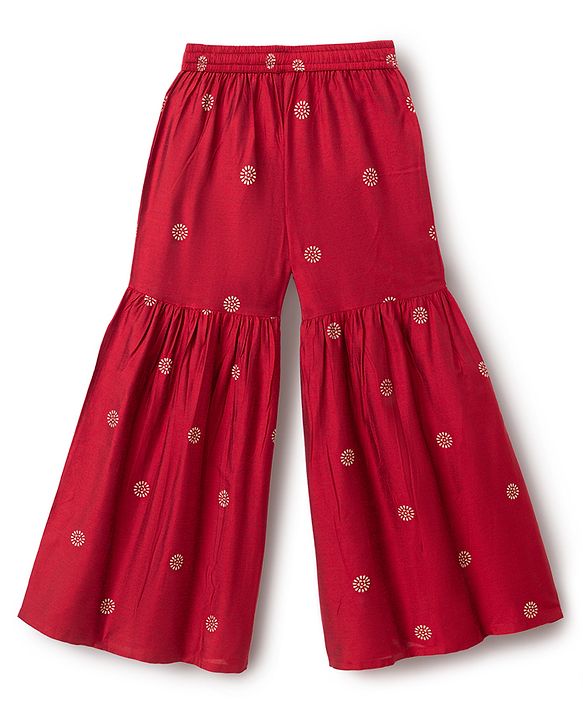Pine Kids Woven Three Fourth Sleeves Kurti and Sharara with and Floral Embroidery - Maroon