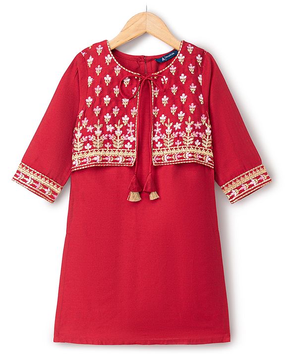 Pine Kids Woven Three Fourth Sleeves Kurti and Sharara with and Floral Embroidery - Maroon